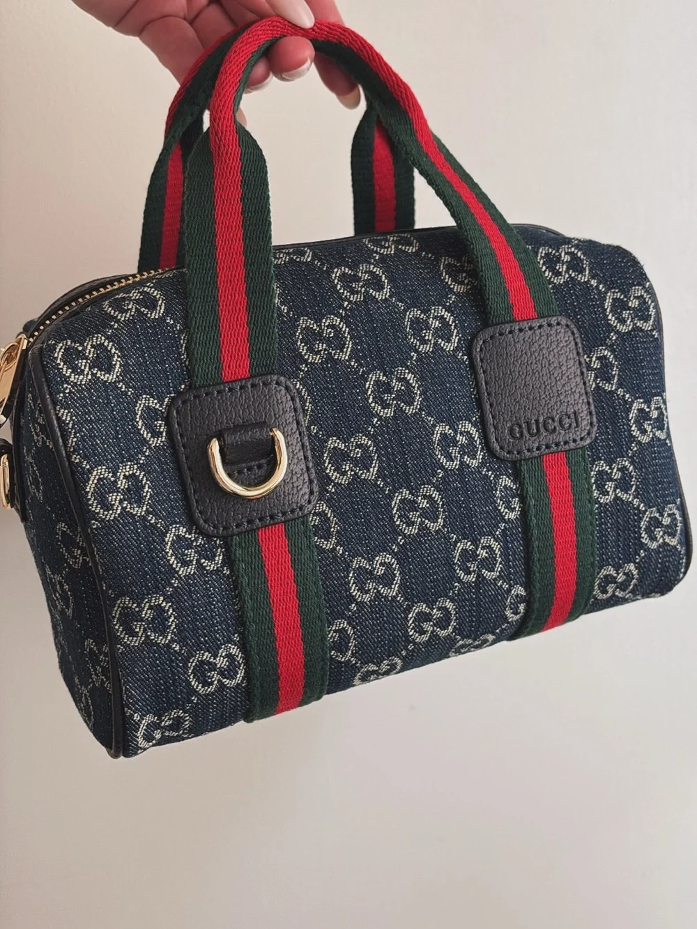 Navy GG Denim Mini Boston with Red and Green Webbing - Picture 2 of 5